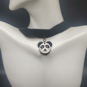 N2809 cute black velvet panda choker‎